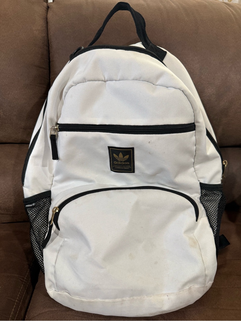 adidas White and Black Men’s Backpack with Gold Logo
